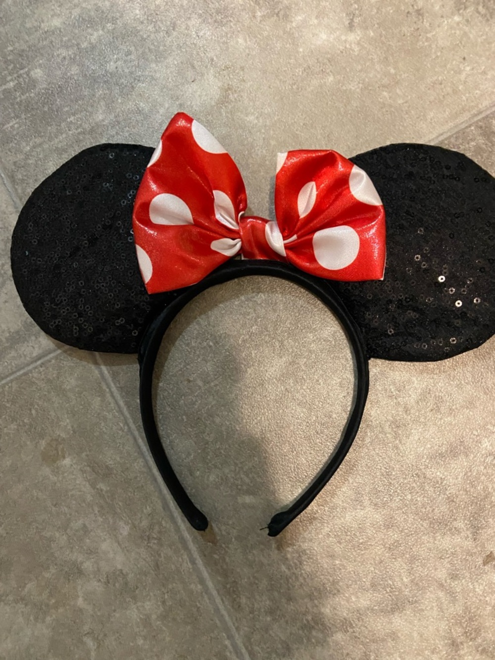 Disney Minnie Mouse Black Sequin Ears Headband with Red Polka Dot Bow